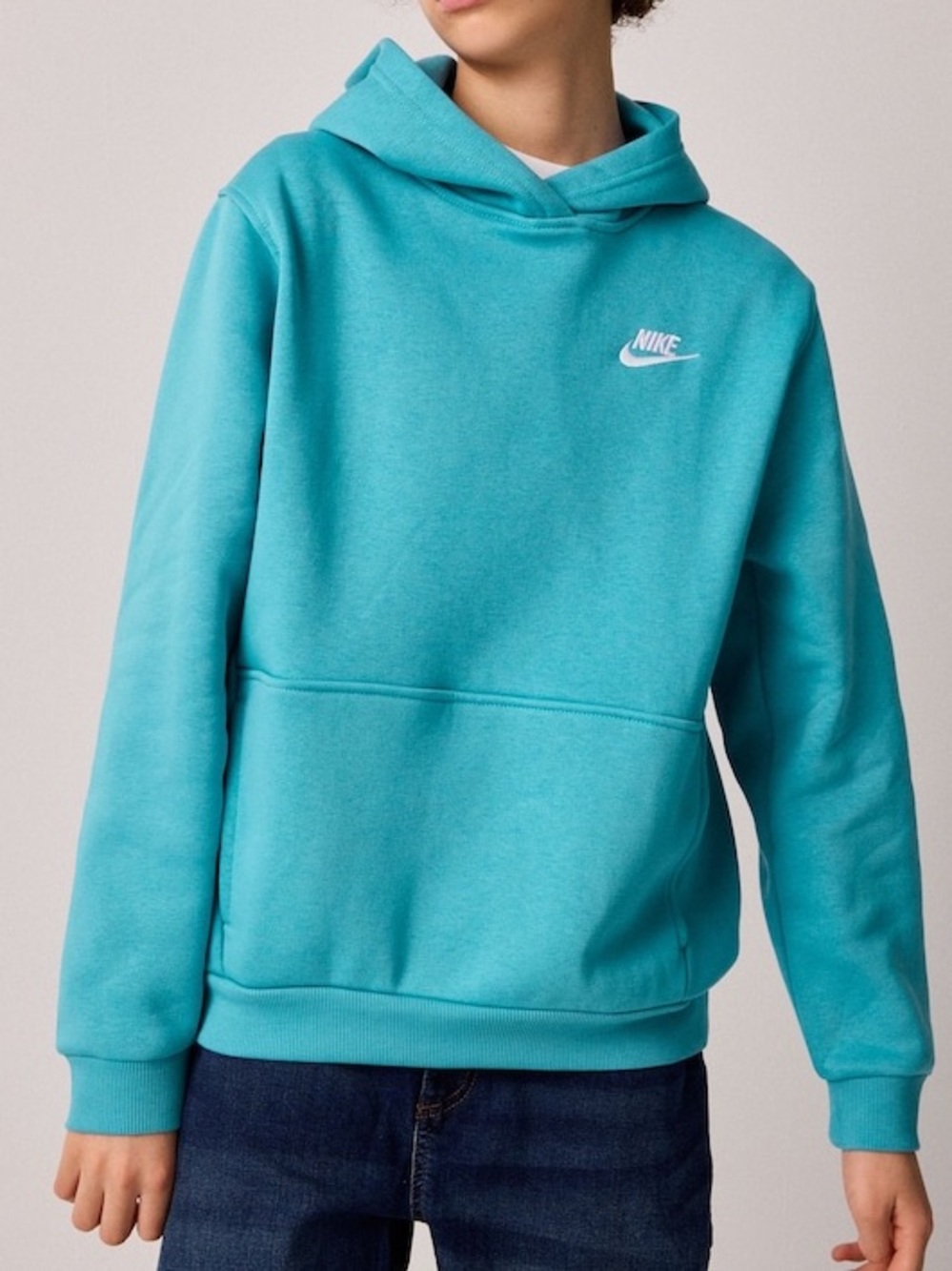Nike Kid’s “Cactus Blue” (Aqua) Pullover Hoodie with White Swoosh, MEDIUM